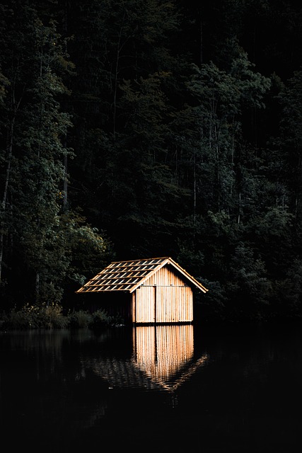 Serene lakeside cabin in autumn